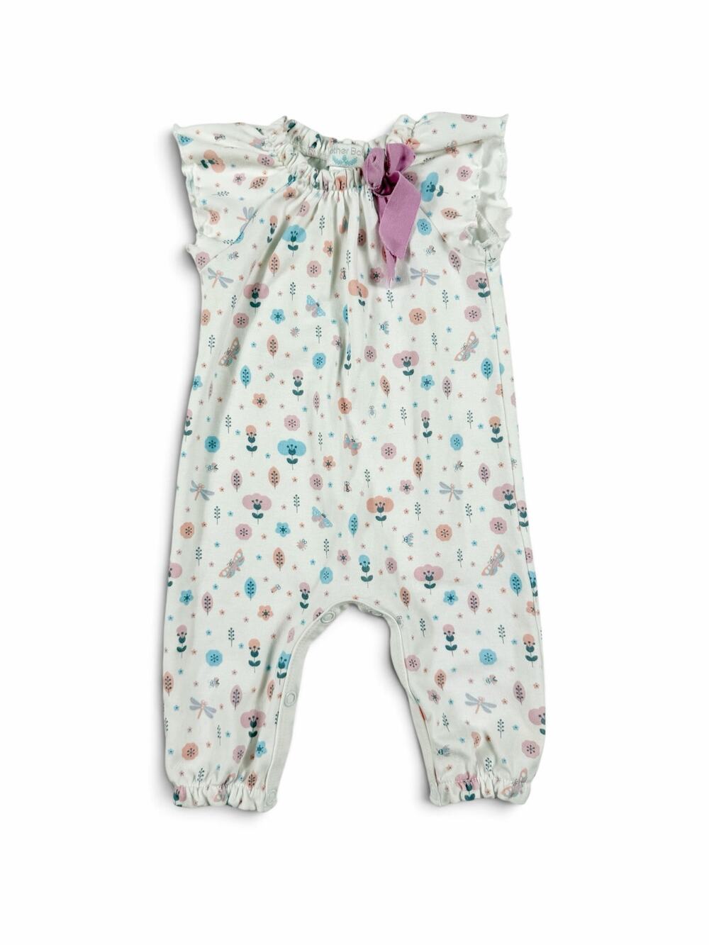 Feather Baby Floral Dragonfly Pima Cotton Bow Romper White 0-3 Months